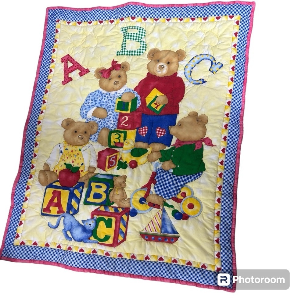 Vintage Baby Crib Blanket Bears Blocks Primary Colors Sailboat Cat Hearts
